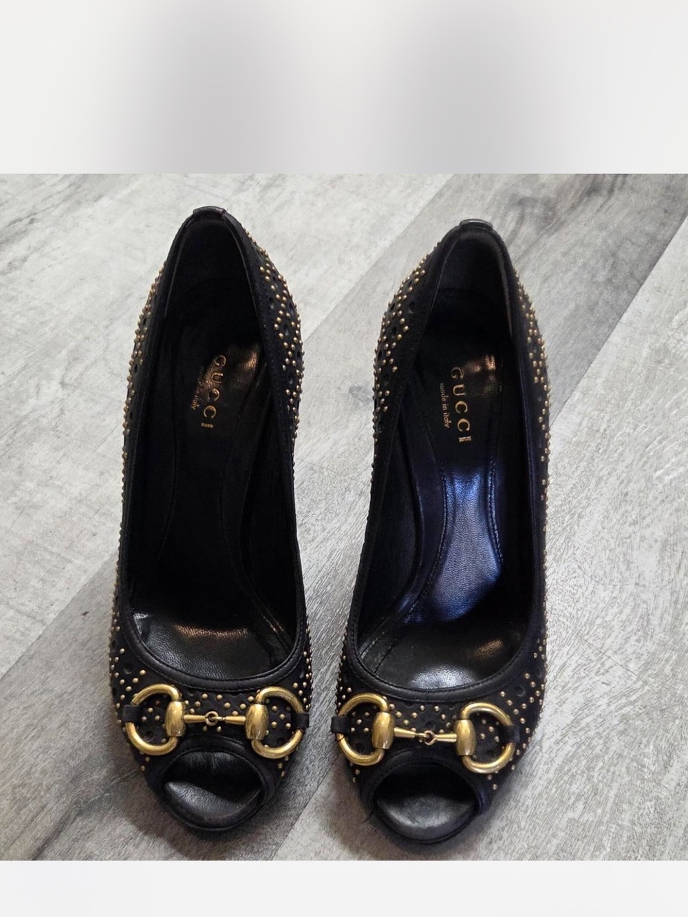 Gucci Black Studded Peep-Toe Pumps with Gold Horsebit Detail